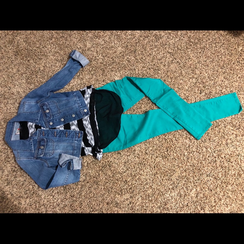 Delia’s colored pants, shirt, old navy jean jacket